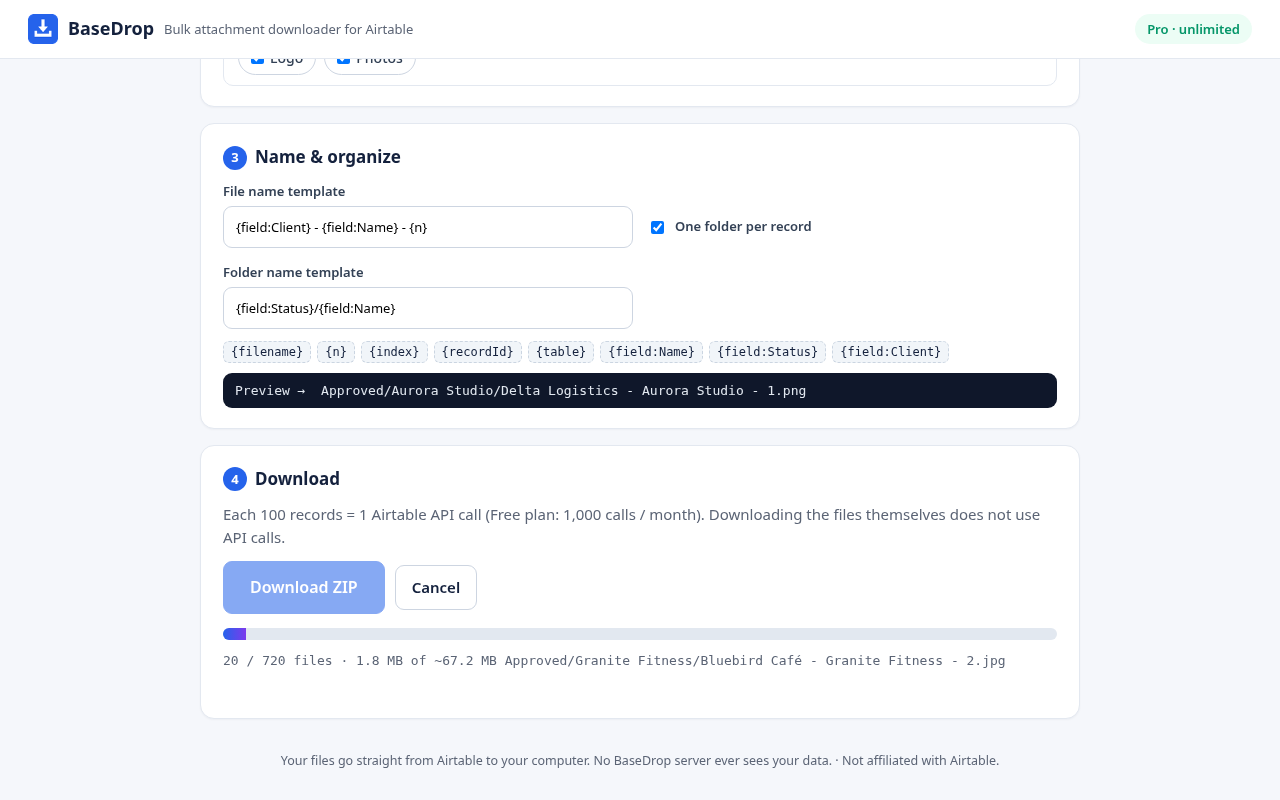BaseDrop downloading Airtable attachments with progress bar